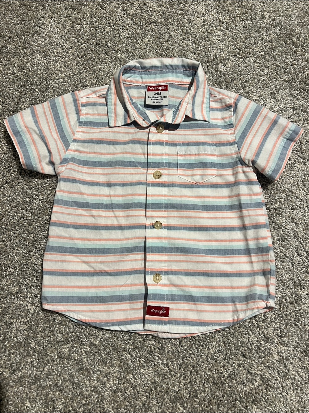 Wrangler Short-Sleeve Button-Down in Blue, Cream & Pink Stripes